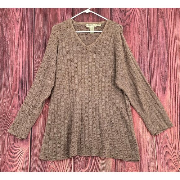 Vintage Eddie Bauer 100% Linen open Knit V-Neck Sweater Women's Size L Tan/Brown - Picture 1 of 5
